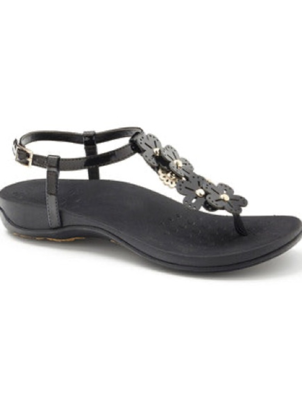 Vionic Black Floral T-Strap Sandal with Ankle Buckle